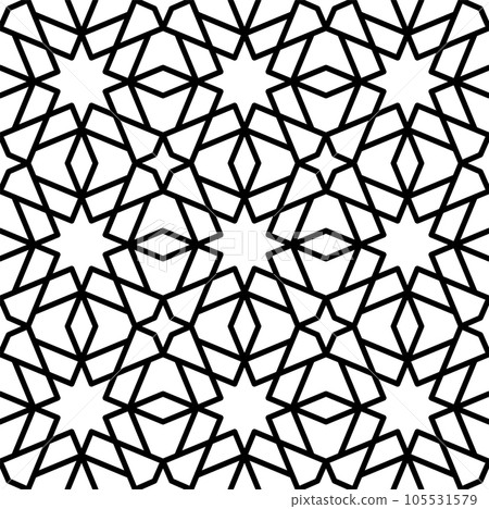 Mashrabiya arabesque arabic pattern. Seamless islamic background with vector ornament of arabian mosaic. Abstract geometric motif of monochrome muslim stars, mashrabiya texture or girih pattern Mashrabiya arabesque arabic pattern. Seamless islamic background with vector ornament of arabian mosaic. Abstract geometric motif of monochrome muslim stars, mashrabiya texture or girih pattern 105531579