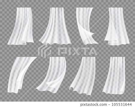 White window tulle, curtains or veil of transparent fabric textile, realistic vector. Tulle drapery or veil drape cloth hanging with wind wave folds from air flow, silk or satin tulle curtains motion White window tulle, curtains or veil of transparent fabric textile, realistic vector. Tulle drapery or veil drape cloth hanging with wind wave folds from air flow, silk or satin tulle curtains motion 105531644