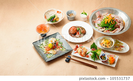 Watercolor painting of ryokan dinner set (Japanese food) | Copy space | Generative AI 105531737
