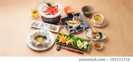 Watercolor painting of ryokan dinner set (Japanese food) | Copy space | Generative AI Watercolor painting of ryokan dinner set (Japanese food) | Copy space | Generative AI 105531738