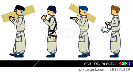 土木工程和建築工人。木匠正在搬運腳手架。側身人的手寫插圖集。 105531859