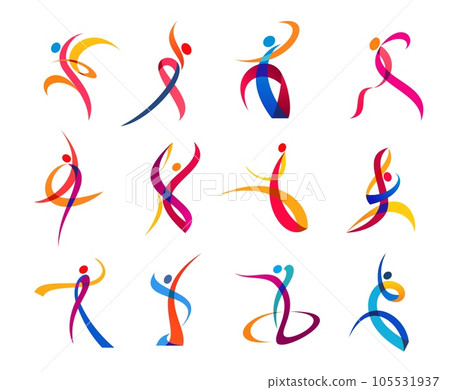Dance movement, sport and yoga people icons, vector body silhouettes in fitness exercise. Gym, wellness studio and athletic training symbols of people body in color curve ribbon lines in sport dance 105531937