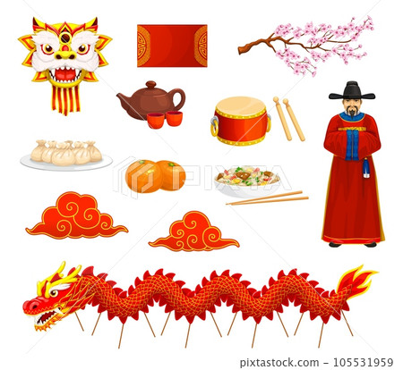 Cartoon Chinese new lunar year characters and items, China holiday vector symbols. Chinese lunar new year decorations and celebration items of dragon mask, mandarine, dumplings food, drum and clouds Cartoon Chinese new lunar year characters and items, China holiday vector symbols. Chinese lunar new year decorations and celebration items of dragon mask, mandarine, dumplings food, drum and clouds 105531959