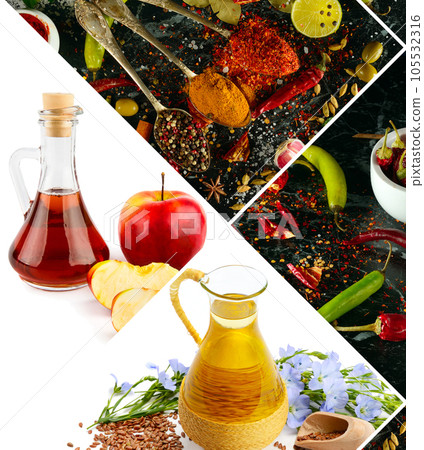 Set of spices, oils and seasoning. Collage. Set of spices, oils and seasoning. Collage. 105532316