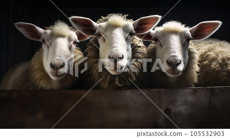 Several sheeps look curiously at the camera. 105532903