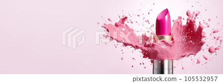 Lipstick and smeared lipstick stains on pink banner. Generative AI illustration 105532957