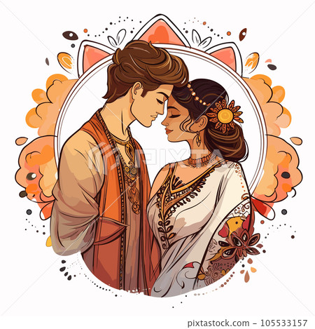 Indian couple hand-drawn comic illustration. Indian couple. Vector doodle style cartoon illustration 105533157
