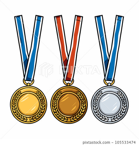 Golden silver bronze madal hand-drawn comic illustration. Medals. Vector doodle style cartoon illustration 105533474