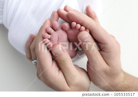 The palms of the father, the mother are holding the foot of the newborn baby on white background. The palms of the father, the mother are holding the foot of the newborn baby on white background. 105533517