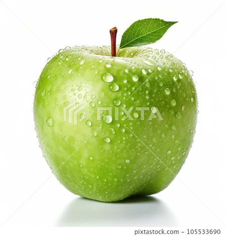 Perfect fresh green Apple with green leaf isolated on white background with water drops. Full depth-of-field. 105533690