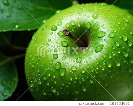 Perfect fresh green Apple with green leaf with water drops. Beautiful fruit. Close up detail. 105533691