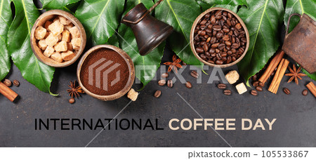 Coffee composition on dark rustic background, international coffee day concept Coffee composition on dark rustic background, international coffee day concept 105533867