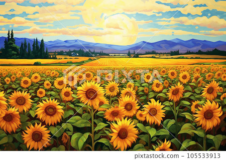 Sunflower field at twilight painting. - Stock Illustration [105533913] -  PIXTA