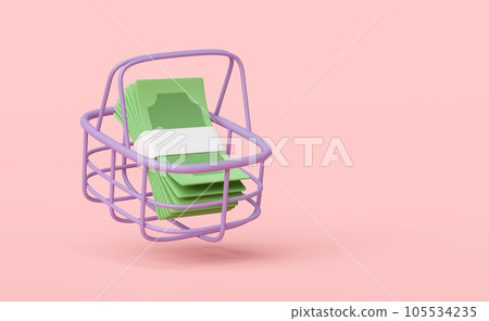 3d dollar banknote pile with shopping cart, basket isolated on pink background. economic movements or business finance concept, 3d render illustration 105534235