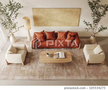 Contemporary classic white beige livingroom with plants and decor - carpet background. Light modern japanese lamp and top nature view. 3d rendering illustration mock up. High quality 3d illustration 105534273