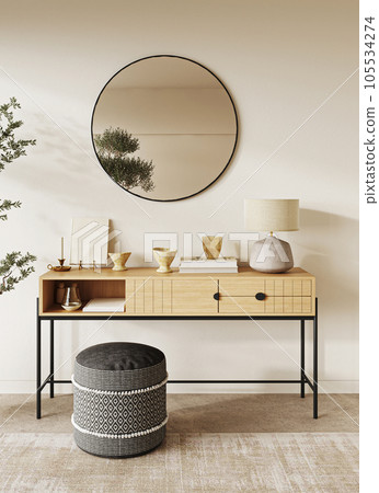 Contemporary classic white beige livingroom with plants and decor - carpet background. Light modern japanese lamp and nature view. 3d rendering illustration mock up. High quality 3d illustration 105534274