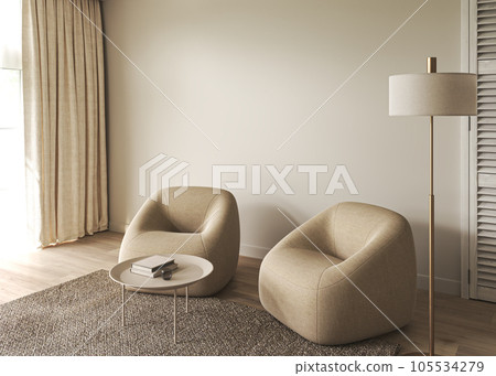Contemporary classic white beige livingroom with yellow puff and brown decor - carpet background. Light modern japanese lamp. 3d rendering illustration mockup. High quality 3d illustration 105534279