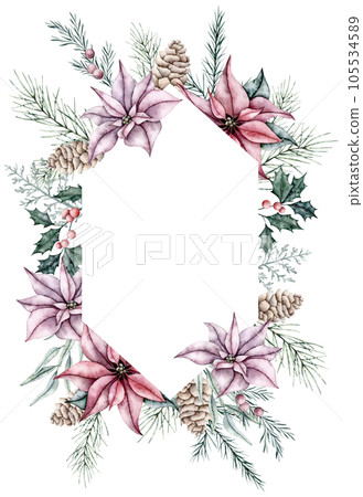 Christmas frame made of ilex branches with red berries, poinsettia flower, snowberry, spruce, dusty miller, pine cone. Winter botanical wreath. Hand painted watercolor illustration for wedding 105534589