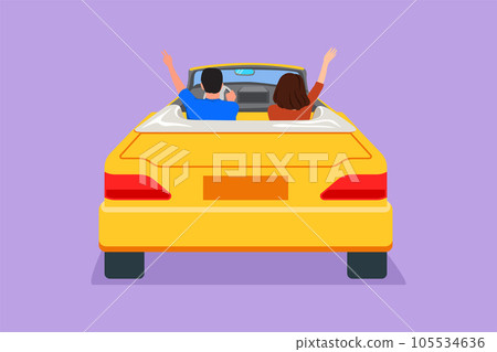 Character flat drawing back view of happy free couple driving cabriolet car in night city cheering joyful with arms raised. Romantic couple summer vacation travel. Cartoon design vector illustration 105534636