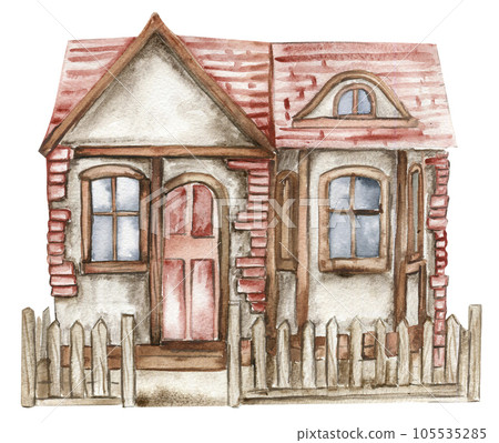 Watercolor illustration of an old country wooden house . An old rusty enamel element. Hand drawn with watercolour . Perfect for wedding invitation, greetings card, posters Watercolor illustration of an old country wooden house . An old rusty enamel element. Hand drawn with watercolour . Perfect for wedding invitation, greetings card, posters 105535285