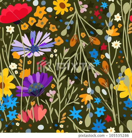 Vector seamless floral pattern. Wildflowers on dark green background 105535286