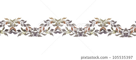 Vintage seamless border of roseship branches with leaves. Botanical Endless banner. Hand painted watercolor illustration for wedding invitation, pack 105535397