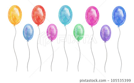 Watercolor collection of colorful party balloons of rainbow colors: red, yellow, orange, pink, green, light blue and violet. Hand drawn illustration, cut out clipart elements for birthday card, design 105535399