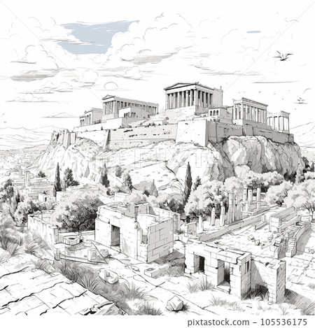 Acropolis hand-drawn comic illustration. Acropolis. Vector doodle style cartoon illustration 105536175