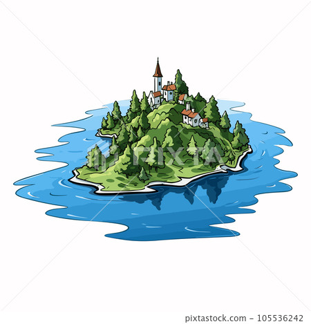 Lake Bled hand-drawn comic illustration. Lake Bled. Vector doodle style cartoon illustration 105536242