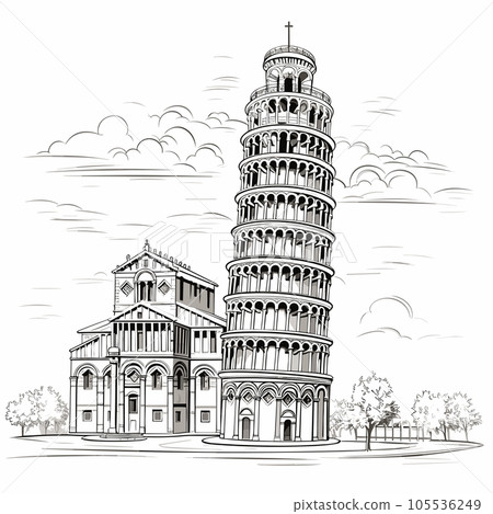 Leaning tower of Pisa hand-drawn comic illustration. Leaning tower of Pisa. Vector doodle style cartoon illustration Leaning tower of Pisa hand-drawn comic illustration. Leaning tower of Pisa. Vector doodle style cartoon illustration 105536249