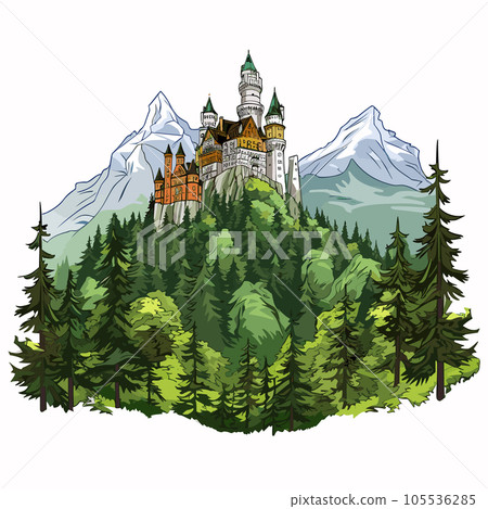 Neuschwanstein castle hand-drawn comic illustration. Neuschwanstein. Vector doodle style cartoon illustration Neuschwanstein castle hand-drawn comic illustration. Neuschwanstein. Vector doodle style cartoon illustration 105536285
