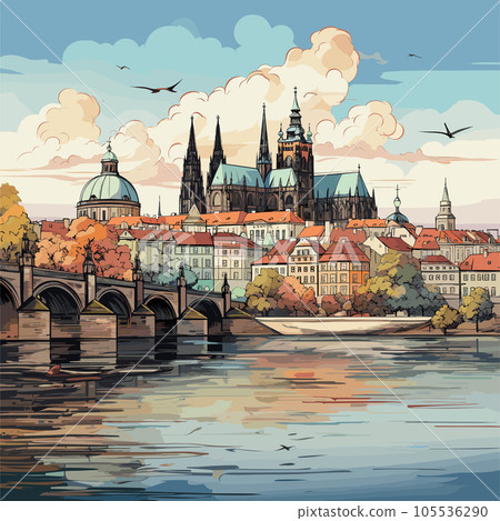 Prague castle hand-drawn comic illustration. Prague castle. Vector doodle style cartoon illustration 105536290