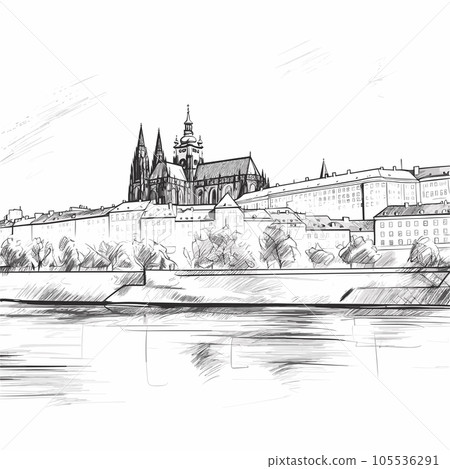 Prague castle hand-drawn comic illustration. Prague castle. Vector doodle style cartoon illustration 105536291
