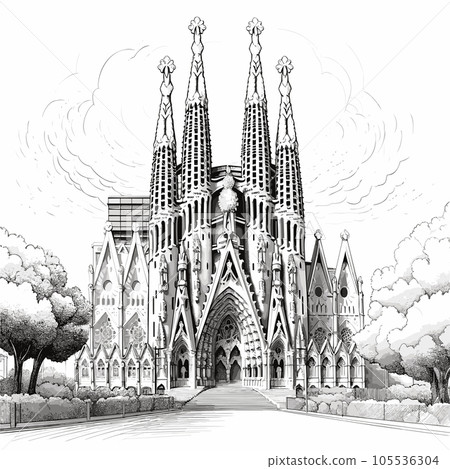 Sagrada Familia hand-drawn comic illustration. Sagrada Familia. Vector doodle style cartoon illustration Sagrada Familia hand-drawn comic illustration. Sagrada Familia. Vector doodle style cartoon illustration 105536304