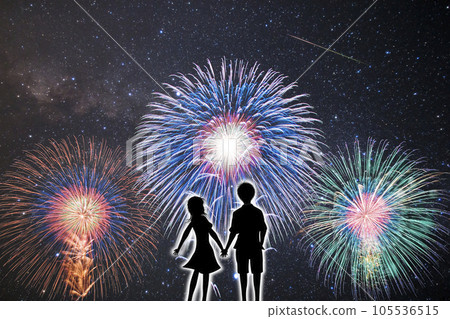 情侶仰望煙花星空的背影剪影 情侶仰望煙花星空的背影剪影 105536515