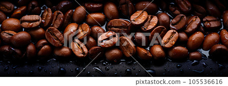 Fresh coffee beans banner. Coffee beans background. Close-up food photography Fresh coffee beans banner. Coffee beans background. Close-up food photography 105536616