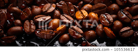 Fresh coffee beans banner. Coffee beans background. Close-up food photography Fresh coffee beans banner. Coffee beans background. Close-up food photography 105536617