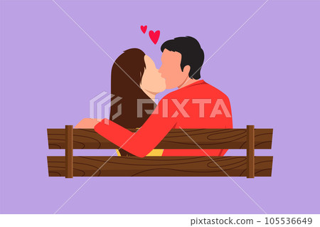 Graphic flat design drawing back view of romantic couple sweet kissing sitting on bench at park in beautiful scenery. Happy guy and pretty girl relationship in love. Cartoon style vector illustration 105536649