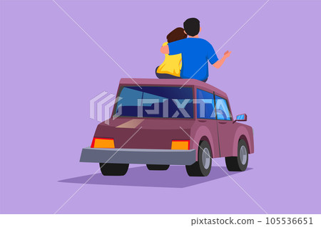 Cartoon flat style drawing of lovers sitting and kissing each other on roof of car and look at romantic scenery. Happy man and woman celebrating wedding anniversary. Graphic design vector illustration 105536651