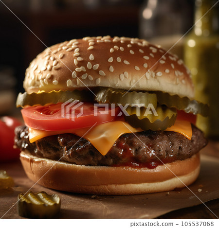 juicy hamburger cheeseburger on the table close-up sesame tomato cucumber 105537068