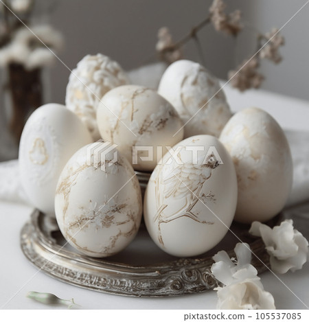 Easter eggs with subtle white patterns on the table of Easter holiday 105537085