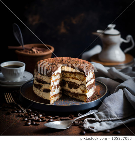 tiramisu cake on with tole with cut off piece around cup spoon dark background 105537093