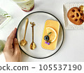 breakfast with fried eggs, toasts, apple, coffee 105537190