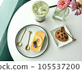 breakfast with eggs, toasts, apple pie 105537200