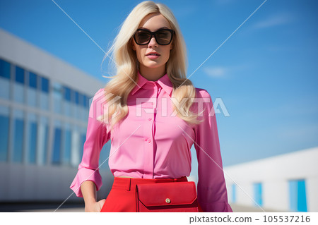 Fashion woman in pink shirt holding a bag Generative AI 105537216