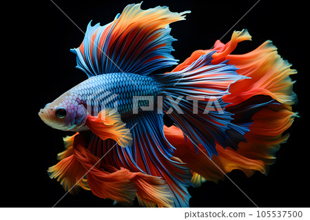 Small brightly colored betta fish isolated black background Generative A Small brightly colored betta fish isolated black background Generative A 105537500