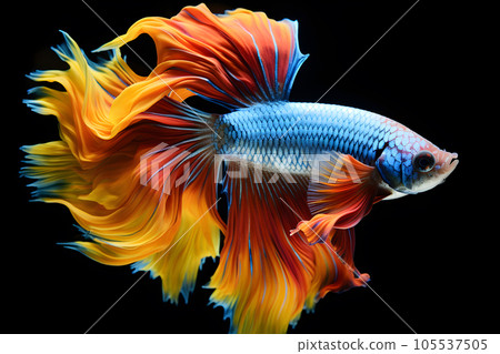 Small brightly colored betta fish isolated black background Generative A Small brightly colored betta fish isolated black background Generative A 105537505