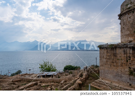 14.06.2023, Antalya, Turkey. Top view of Antalya city and harbour with moored ships. Panoramic view of old harbor and downtown called Marina in Antalya, Turkey, summer 105537941