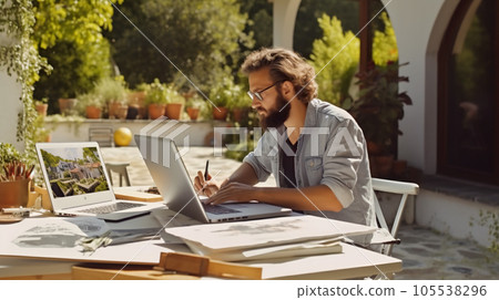 Architect working with laptop and papers in home garden in summer Architect working with laptop and papers in home garden in summer 105538296