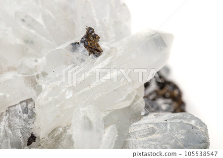 Macro mineral stone Drusus quartz with sphalerite in the rock a white background Macro mineral stone Drusus quartz with sphalerite in the rock a white background 105538547